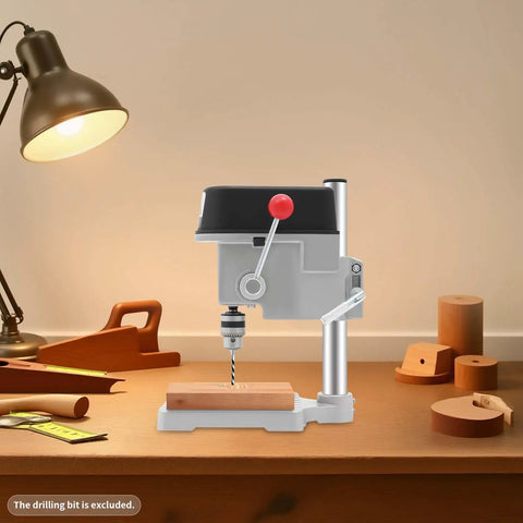 Compact 340W Mini Benchtop Drill Press on a wooden workbench, perfect for precision crafts and woodworking.