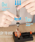 Person using All In One Grab And Go Hand Drill Kit With Pin Vise And Drill Press Vise For DIY Jewelry And Keychain Making Includes 1 Steel Pin Vise 10 Drill Bits 0.8-3mm 210 Keychain Supplies For Epoxy Resin Jewelry Necklaces Earrings And Other Crafts on a wooden surface