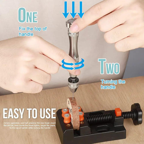 Killer Precision Steel Pin Vise Hand Drill Accompanied By Ten Mini Drill Bits Perfect For Resin Jewelry Crafting Woodworking Polymer Clays And DIY Accessories That Handle The Nitty Gritty Work Without Breaking A Sweat demonstrating usage on wood.