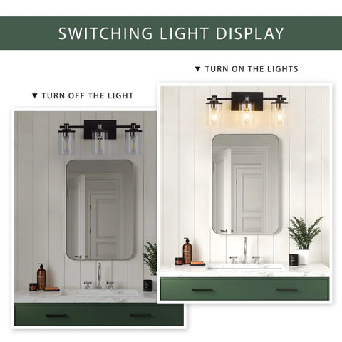 Lighting display of Three Light Matte Black And Brushed Nickel Bathroom Vanity Light Fixture Over Mirror in on and off mode