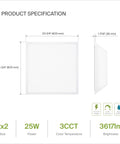 Product specification sheet for 2x2 LED Flat Panel Light 25W Dimmable Backlit Ceiling Panel For Office 3500K To 5000K Adjustable