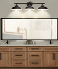 Farmhouse Rustic 3 Light Vanity Sconce Set, Industrial Black Wall Lights For Vanity Mirror Cabinets Dressing Table, Soft Warm Glow Bathroom Lighting, UL Listed, 2 Pack installed above a mirror