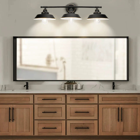 Farmhouse Rustic 3 Light Vanity Sconce Set, Industrial Black Wall Lights For Vanity Mirror Cabinets Dressing Table, Soft Warm Glow Bathroom Lighting, UL Listed, 2 Pack installed above a mirror