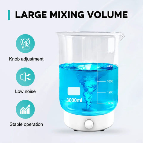 MS3 Magnetic Stirrer Mixer With 1800 RPM Brushless Motor, 3000 ML Capacity showing blue liquid mixing vortex