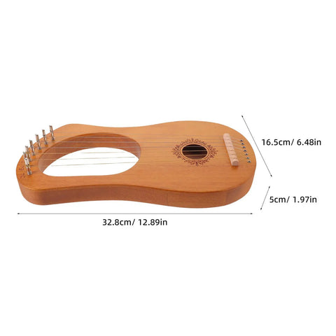 Portable 7-String Lyre Harp Kit For Adults With Wooden Body, Metal Strings, size dimensions in centimeters and inches displayed