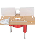 Pro Grade Router Table System With Aluminum Alloy Lift And Laser Etched Graduation Scale Insert Plate For 0 To 47mm Lift Range top view showing precision etched scale