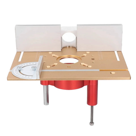 Beefy Aluminum Router Lift System With Stainless Steel Build And 47 Millimeter Rock Solid Precision for Woodworking Bench with gold finish.
