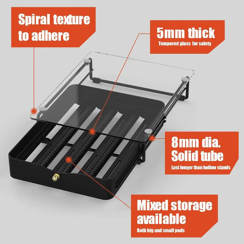 Crystal Tempered Glass Top Organizer Drawer Holder For Nespresso Vertuo Capsules With Universal Slots and Metal Frame