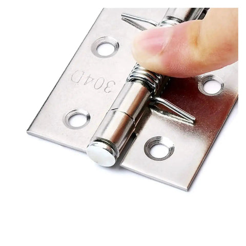 Close-up of 4 Pack Self Closing Stainless Steel Door Hinges With Spring Cross Hinge being tested by a finger for tension.