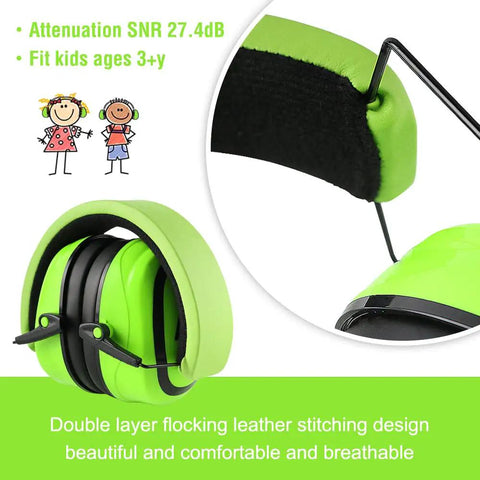 Kids Noise Canceling Ear Muffs 27.4dB 2 Pack Adjustable Hearing Protection for Toddlers and Teens Age 3 to 16, green color