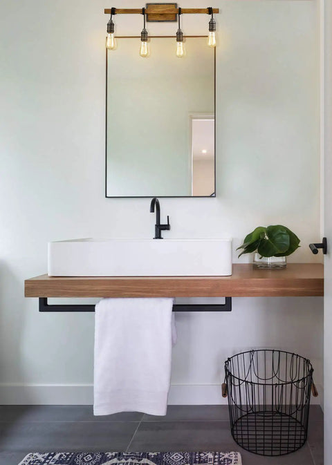 Farmhouse 4 light vanity light over mirror for bathroom with wood look back plate and metal accents retro vibe bath bar fixture