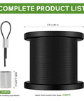 Black Vinyl Coated Wire Rope One Sixteenth Inch 328 Feet Stainless Steel Cable With 150 Aluminum Crimp Sleeves displayed with dimensions