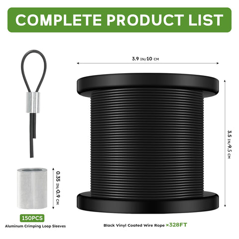 Black Vinyl Coated Wire Rope One Sixteenth Inch 328 Feet Stainless Steel Cable With 150 Aluminum Crimp Sleeves displayed with dimensions