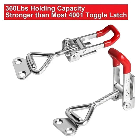 Close-up of six pack toggle latch clamps for cabinets and woodworking, adjustable hold-down clamps with 500 pounds holding power.
