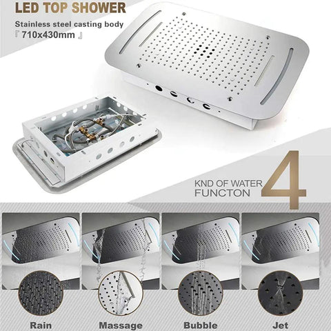 Kick Back From The Daily Grind With This Top Tier Thermostatic Chrome Shower System Featuring Bright LEDs Dual Outlet Design Rain And Handheld Heads Four Spray Modes Bathroom Mixer - LED top shower with stainless steel body, four spray functions.