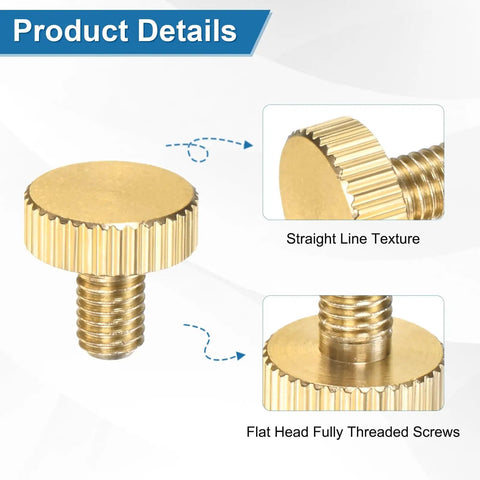 Close-up view of 10 Pack Knurled Thumb Screws M5x8mm Solid Brass Flat Head Hardware showing flat top and knurled texture.