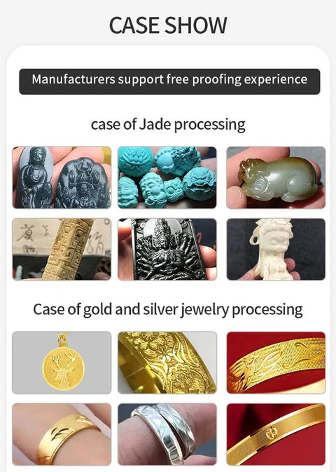 Desktop 4 Axis CNC Engraving Machine For Jade Wood And Metal Jewelry With 3D Precision Carving And Bracelets Surface Engraving Free Training Included For DIYers And Pros Today showcases jade carvings and gold jewelry.