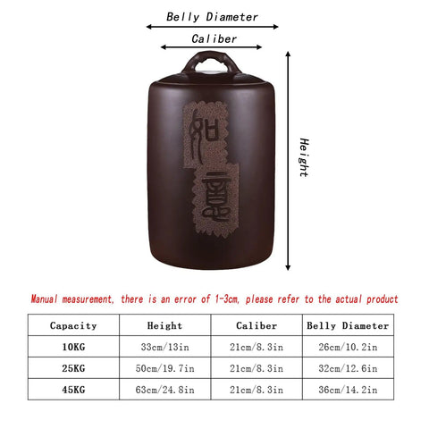 Heavy Duty Purple Clay Ceramic Storage Jar dimensions with height and diameter, ideal for keeping rice and dry snacks fresh.