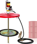 Built Like A Tank Heavy Duty Pneumatic Grease Pump For 55 Gallon Drums With 16 Foot Hose and follower plate beside a pink barrel.