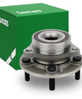 Front view of Front Wheel Hub And Bearing Assembly Drop In Easy Install Compatible With Hyundai Elantra Elantra GT Ioniq Veloster Veloster N Forte And Niro And Rear Wheel Hub And Bearing Assembly For Hyundai Kona Seltos AWD 2018 Through 2023 21 22 next to packaging