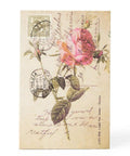Vintage postcard with rose illustration and handwritten text, featuring Italian postage marks.