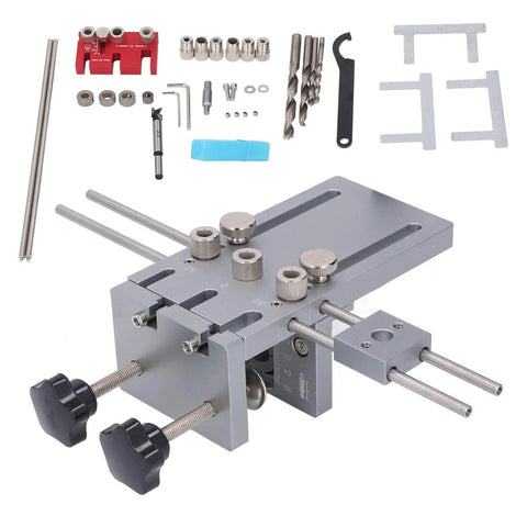 Self Centering Dowel Jig For Precision Woodworking Quick Release Dowel Guide Tool For Accurate Drilling Of Straight Holes Biscuit Joiner Set With 3 In 1 Panel Assemblies And 600mm Extended Positioning Rod, shown with accessories.