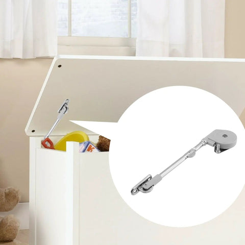 Heavy Duty Soft Close Hinges For Toy Boxes And Wooden Chests, shown supporting open toy box lid with stainless steel hinge detail