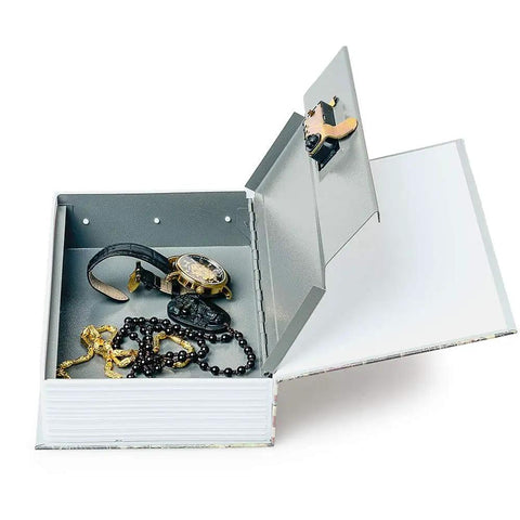 Open hidden book safe with combination lock, showing jewelry storage in realistic dictionary safe, rose finish exterior, 9.5x6x2.2 inches.