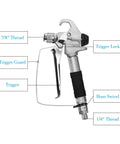 Detailed view of Top Tier Airless Spray Gun Compatible With Graco Paint Sprayers Featuring 517 Tip Nozzle Guard 3600 Psi Rating.