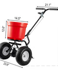 Walk Behind Broadcast Fertilizer And Seed Spreader With 90 Pound Capacity And 23 Liter Hopper, All Terrain 12.5 Inch Pneumatic Tires.