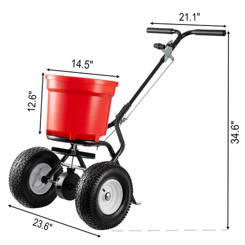 Walk Behind Broadcast Fertilizer And Seed Spreader With 90 Pound Capacity And 23 Liter Hopper, All Terrain 12.5 Inch Pneumatic Tires.