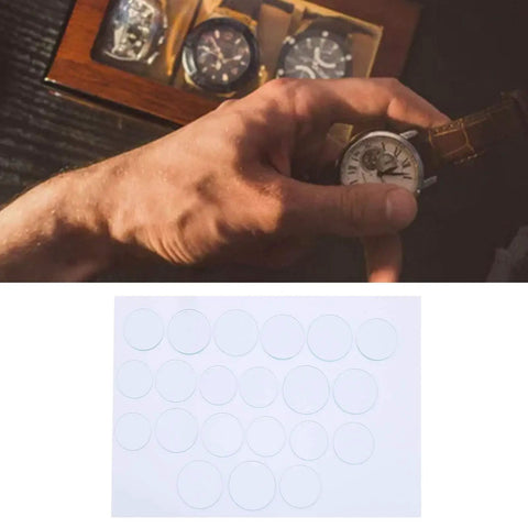 Watch Glass Replacement Kit 21 Pcs Flat Mineral Crystal Lenses 35mm To 45mm 1.2mm Thick with hand holding watch and lenses display.