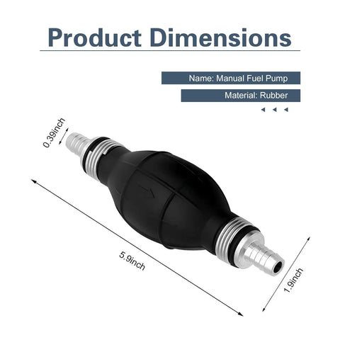 Hella Durable Handheld Fuel Transfer Pump With Leak Proof Check Valve, Heavy Duty Rubber Primer Bulb Adapter, dimensions shown