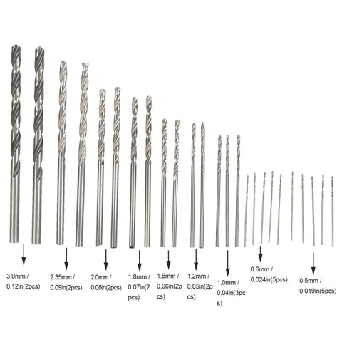 Pro Grade Twist Micro Drill Bits Set 25 Pieces 0.5 To 3mm HSS Straight Shank Precision Bits arranged by size on white background