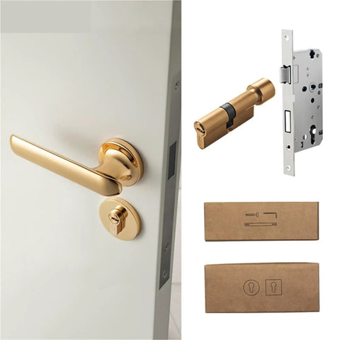 Gold Door Lock Handle For Home Security, Anti Theft Lock Set, modern interior hardware, durable zinc alloy, door and gate use