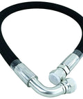 Top Shelf High Pressure Hose Fits Screw Air Compressor Replacement Part 85563633 with curved metal ends and black rubber hose.
