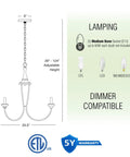 Diagram of 5-Light French Country Chandelier With Adjustable Height In Smoked Cedar dimensions and bulb compatibility information.