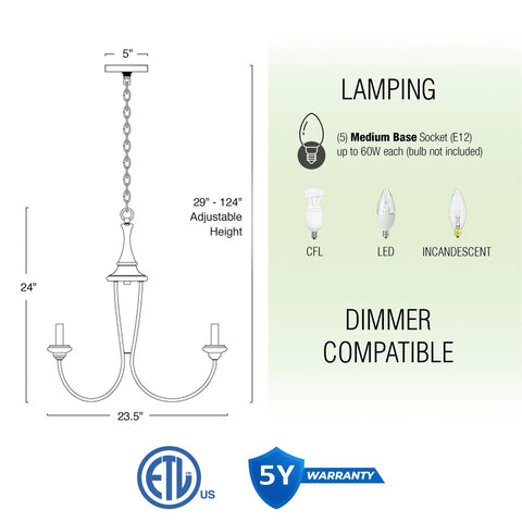 Diagram of 5-Light French Country Chandelier With Adjustable Height In Smoked Cedar dimensions and bulb compatibility information.
