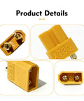 Heavy Duty Xt30 Connectors With Male And Female Power Plugs And Included Heat Shrink Tubing For RC Cars Boats Batteries And Drones shown from multiple angles.