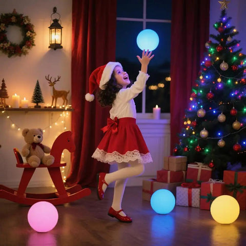 Child playing with 8 Inch Solar Globe Light Outdoor Waterproof with Remote Control, 16 RGB Color Changing Glowing Orb Lamp during holiday