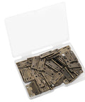 Sixty Piece Bronze Mini Cabinet Hinges With 240 Mounting Screws One Inch Iron Corner Fitting For Drawers And Jewelry Boxes in a clear case.