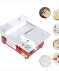 Slick Mini Table Saw Fueled By A Rugged Dual Motor For Quick Wood And Pcb Cuts showing compact design and angled ruler.