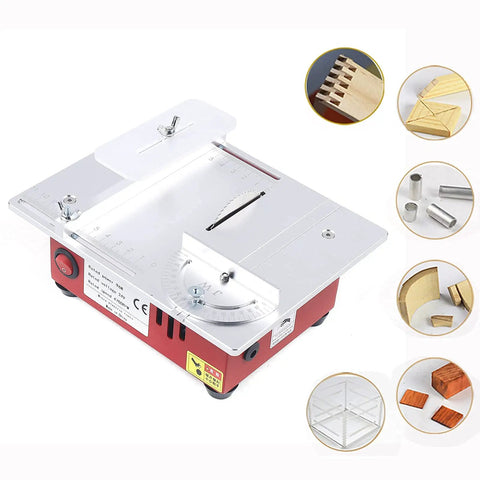 Slick Mini Table Saw Fueled By A Rugged Dual Motor For Quick Wood And Pcb Cuts showing compact design and angled ruler.