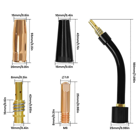 Cool 18 Piece Mig Welding Torch Kit For M6 Mb15 Ak15 Nozzle Gas Diffuser Shield Cup And Contact Tips.030 And.045 Inches showing detailed parts.