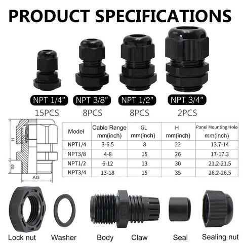 Pro Grade 33 Pack Adjustable Nylon PA66 Cable Glands Waterproof Heavy Duty Cord Grip Strain Relief Fittings For 3 To 18 Millimeter Cables With Gaskets In Black Plastic Box Indoor Outdoor Electrical Conduit Kit specifications image.