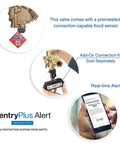 Pro Shop Grade Bronze Y Pattern RPZ Backflow Preventer With Sentryplus Sensor showing real-time alerts and flood sensor details.