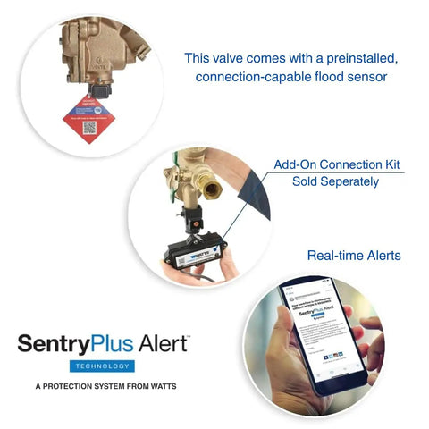 Pro Shop Grade Bronze Y Pattern RPZ Backflow Preventer With Sentryplus Sensor showing real-time alerts and flood sensor details.