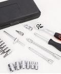 46 Piece One Quarter Inch Drive Socket And Bit Set With Reversible Ratchet Wrench in handy storage case for auto repair and home use