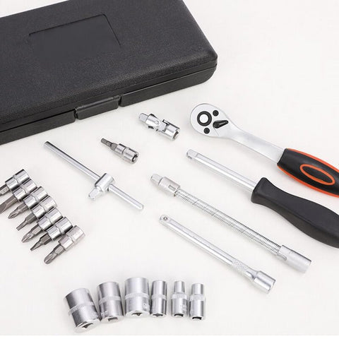 46 Piece One Quarter Inch Drive Socket And Bit Set With Reversible Ratchet Wrench in handy storage case for auto repair and home use