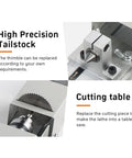 High Precision Mini Wood Lathe Machine For DIY Enthusiasts details showing tailstock and cutting table functionality in stainless steel.